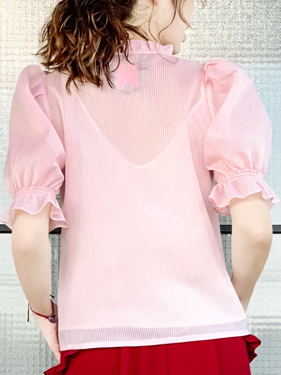 Surprise Sale! Sweet Pink Ruffle Trim Puff Sleeve Silver Stripe Top