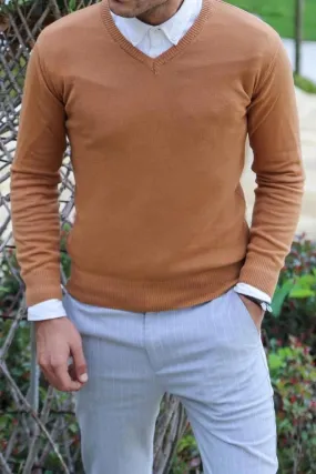 V Neck Brown Men Sweater