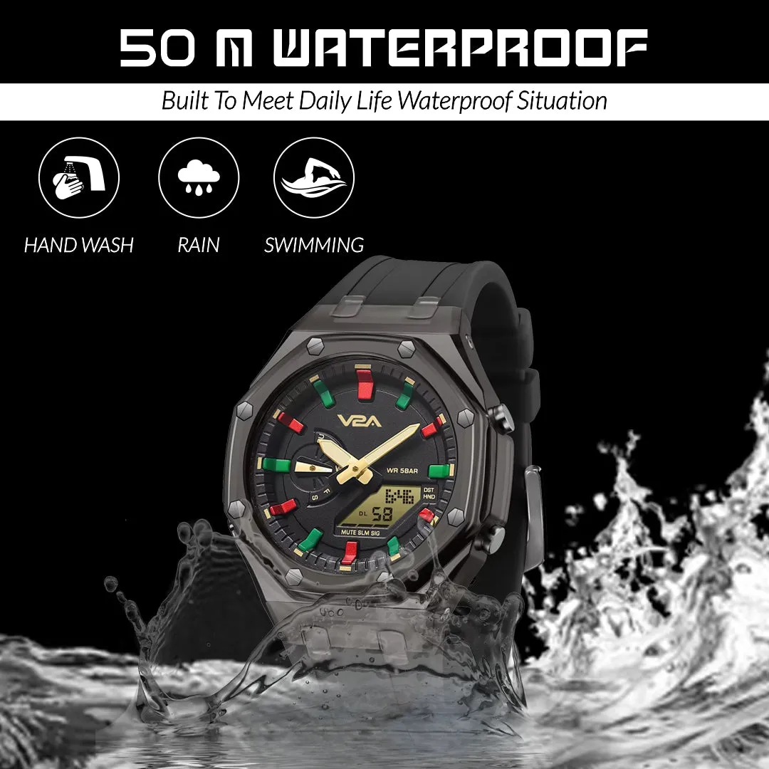 V2A SportMaster Series Analog-Digital Watch, 44mm ABS Case, Resin Band, Alarm, Stopwatch, Luminous Backlight, 5 ATM Water Resistant Gift for Men | Birthday Rakhi Gift