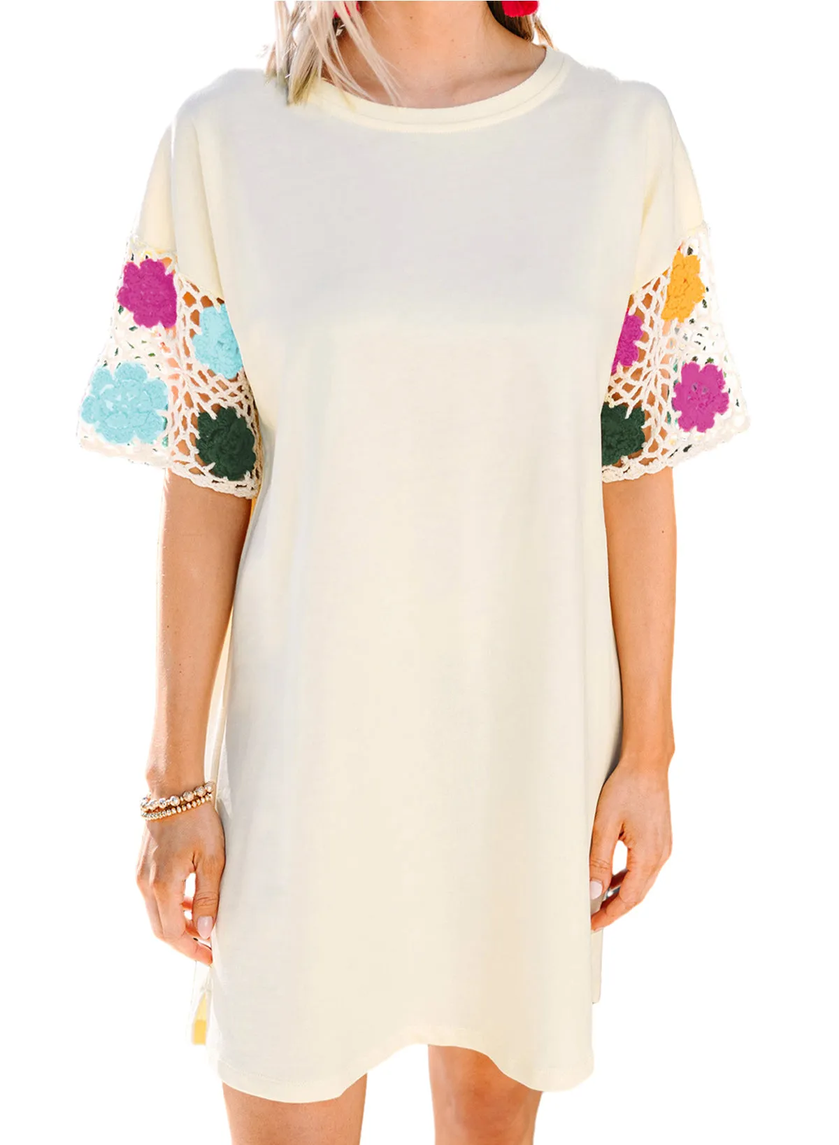 White Floral Crochet Splicing Sleeve T-shirt Dress