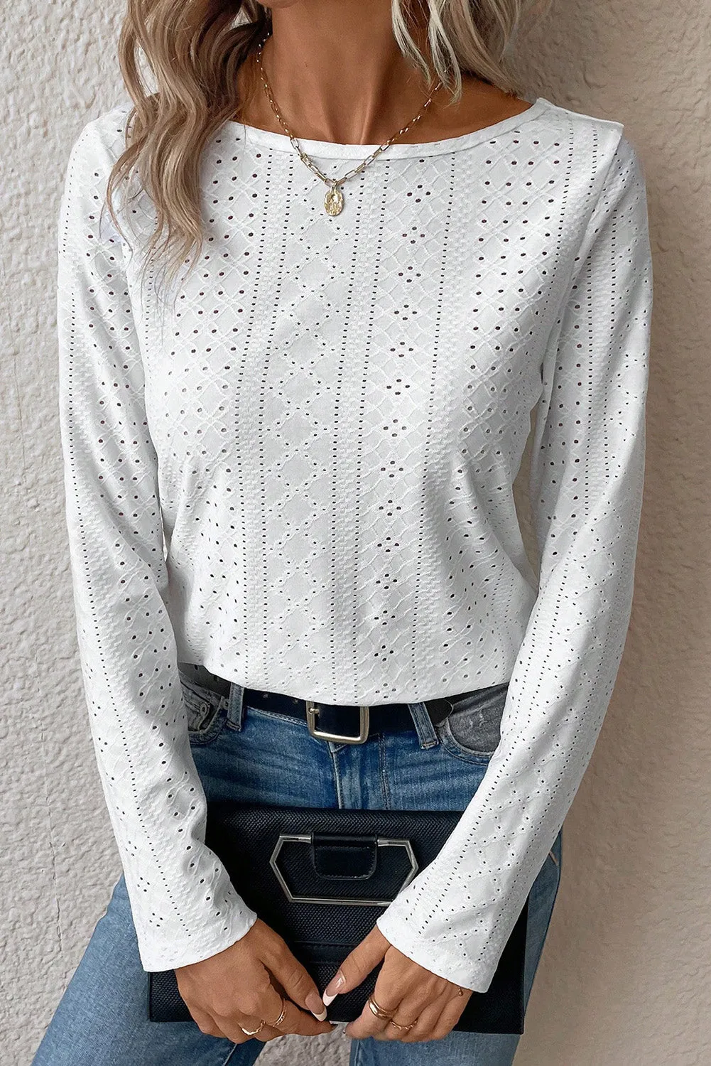 White Floral Lace Splicing Eyelet Long Sleeve Top