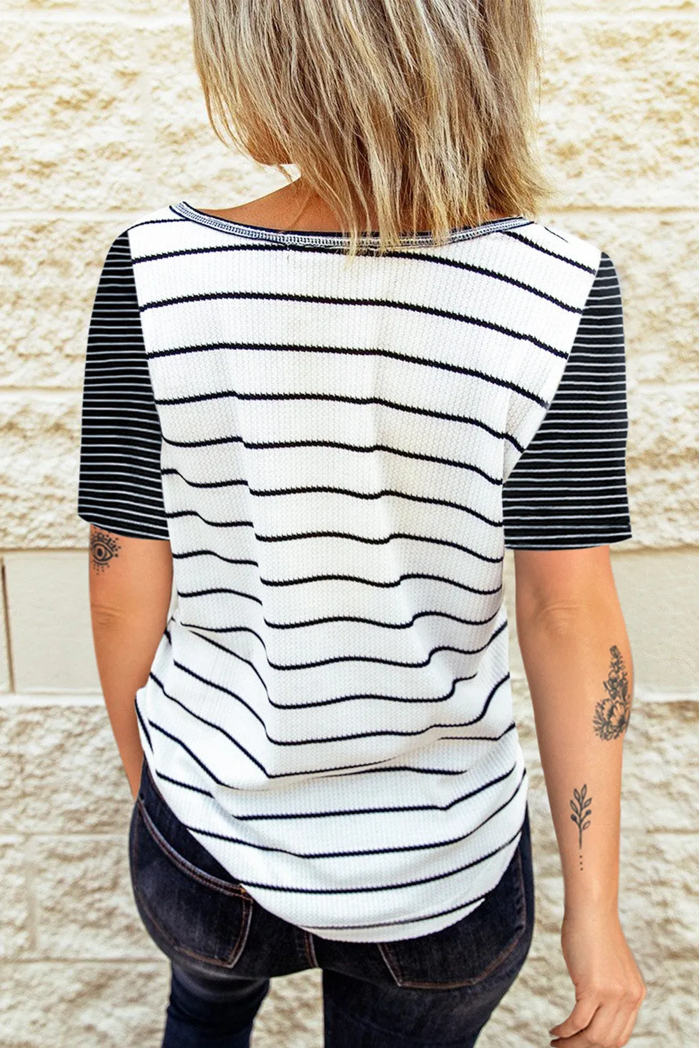 White Striped Colorblock Buttons T Shirt