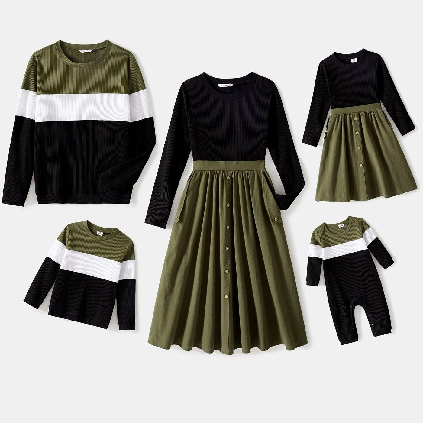 Winter Family Matching Green & Black Outfit - Dress, Romper & Shirt for Mom, Dad and Baby