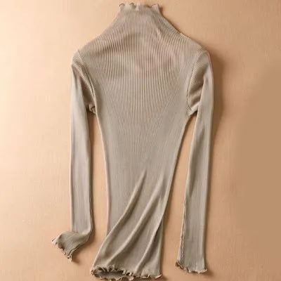 Women Solid Turtleneck Pullovers 80%Silk 20%Cotton