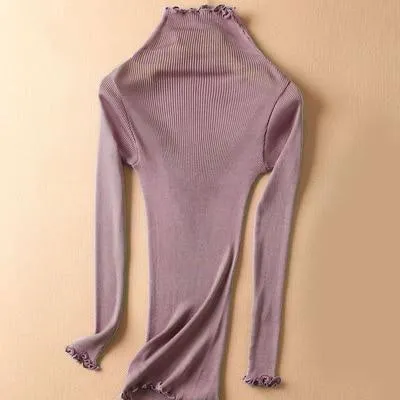 Women Solid Turtleneck Pullovers 80%Silk 20%Cotton