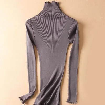 Women Solid Turtleneck Pullovers 80%Silk 20%Cotton