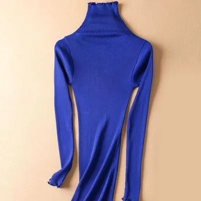 Women Solid Turtleneck Pullovers 80%Silk 20%Cotton