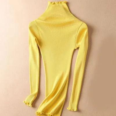 Women Solid Turtleneck Pullovers 80%Silk 20%Cotton