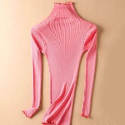 Women Solid Turtleneck Pullovers 80%Silk 20%Cotton