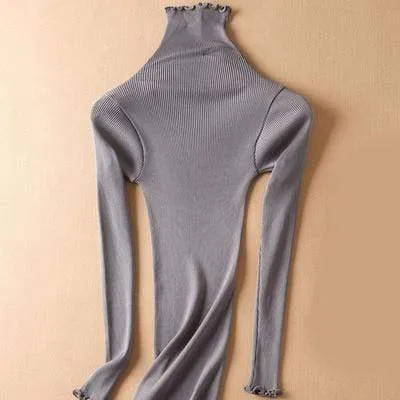 Women Solid Turtleneck Pullovers 80%Silk 20%Cotton