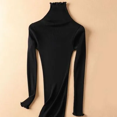 Women Solid Turtleneck Pullovers 80%Silk 20%Cotton