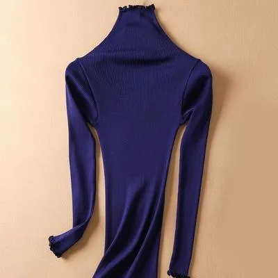 Women Solid Turtleneck Pullovers 80%Silk 20%Cotton