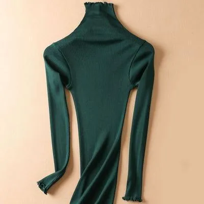 Women Solid Turtleneck Pullovers 80%Silk 20%Cotton