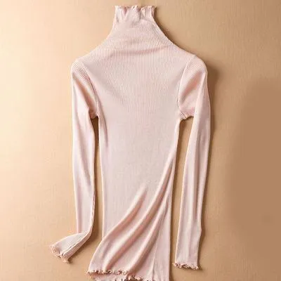 Women Solid Turtleneck Pullovers 80%Silk 20%Cotton