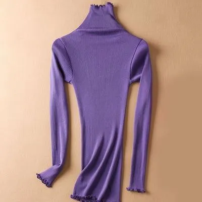 Women Solid Turtleneck Pullovers 80%Silk 20%Cotton