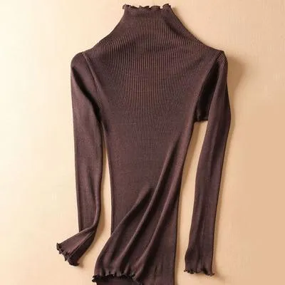 Women Solid Turtleneck Pullovers 80%Silk 20%Cotton