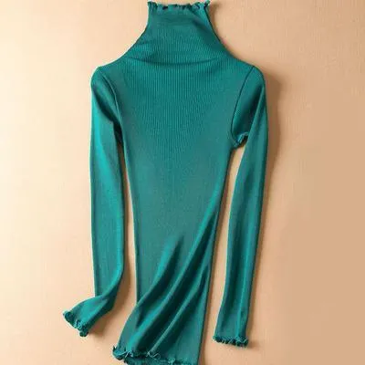 Women Solid Turtleneck Pullovers 80%Silk 20%Cotton