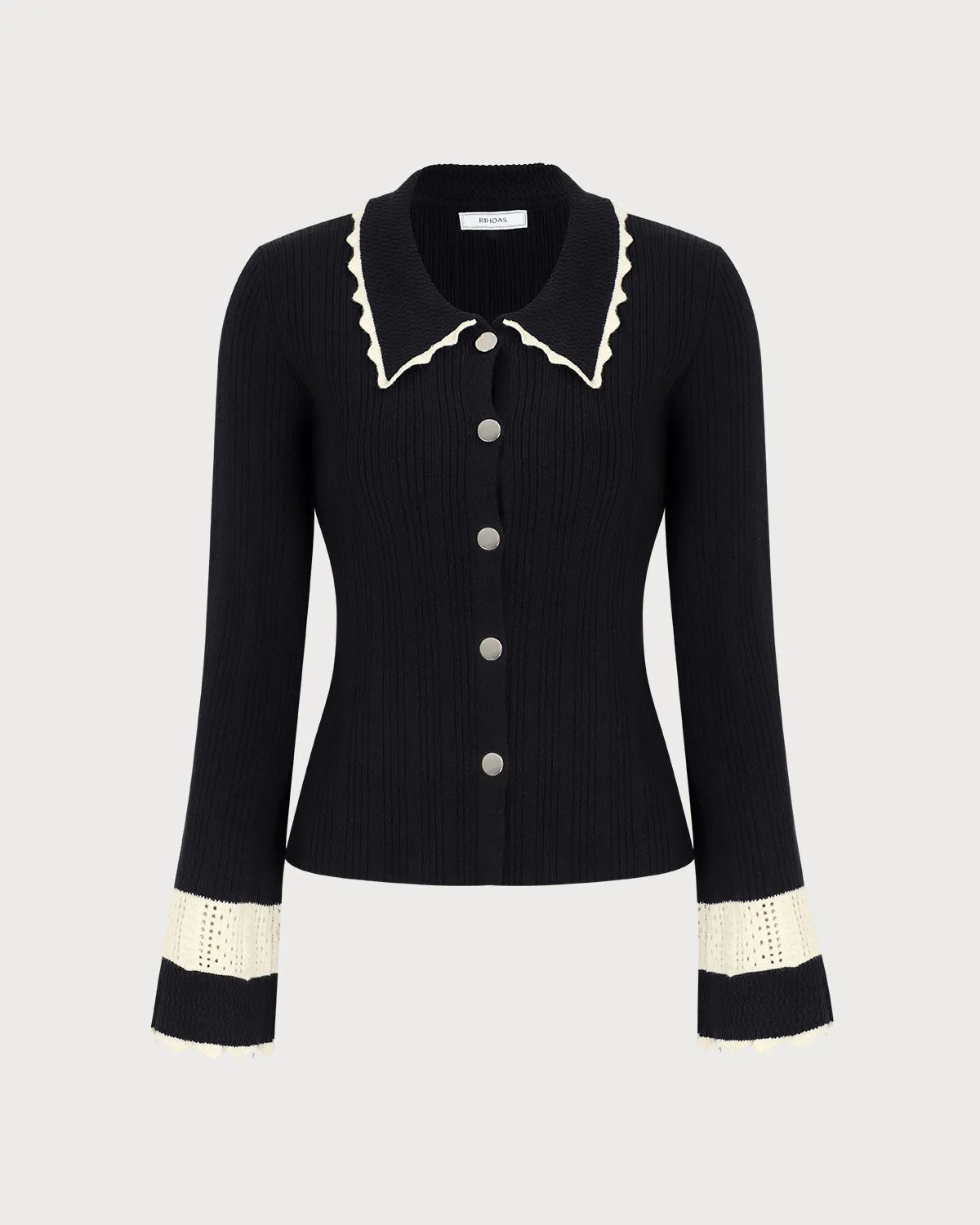 Women's Black Splicing Button Ribbed Cardigan