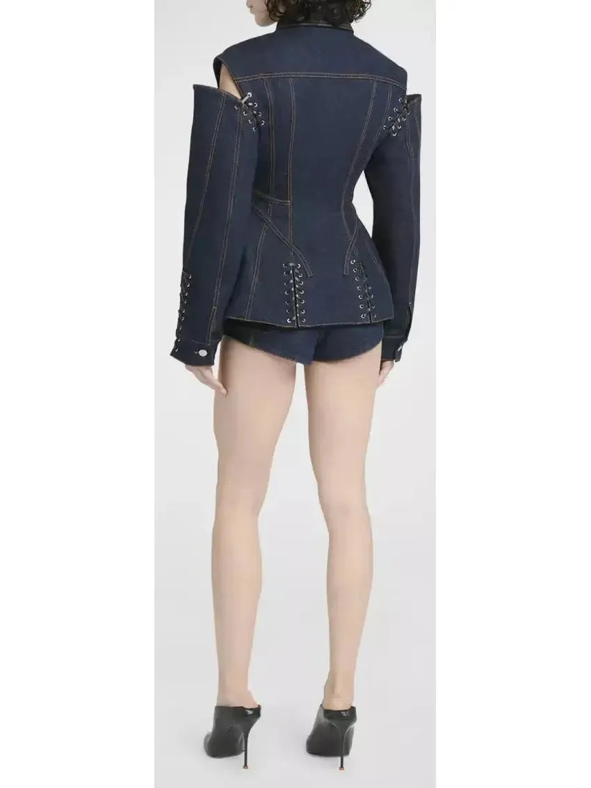 Women’s Corset Style Open-Shoulder Denim Jacket with Lace-up Details