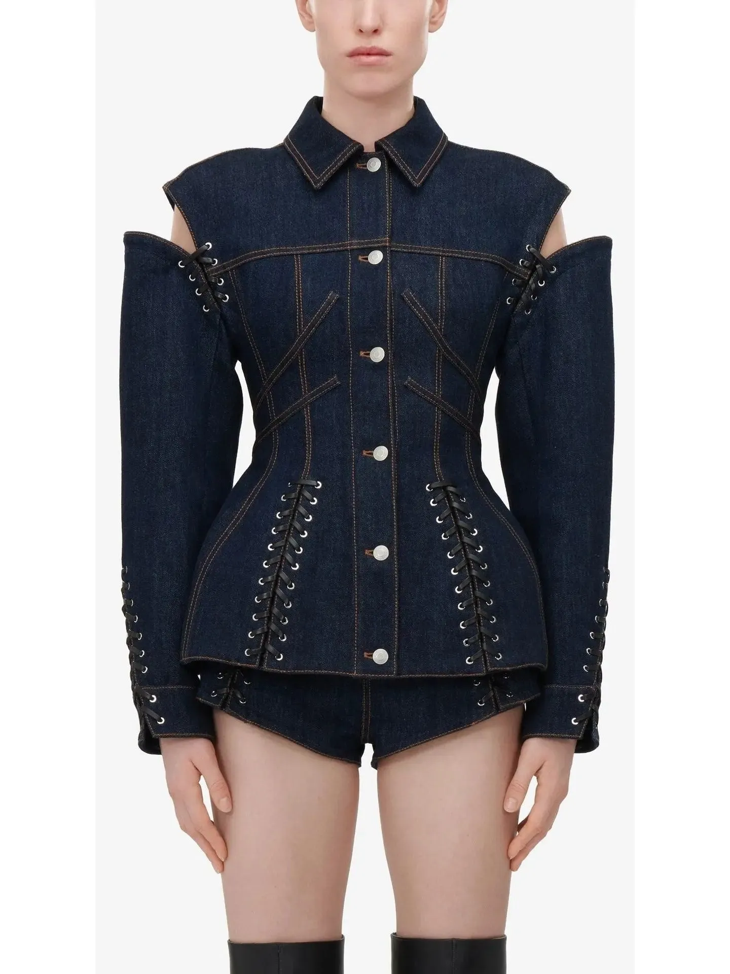 Women’s Corset Style Open-Shoulder Denim Jacket with Lace-up Details