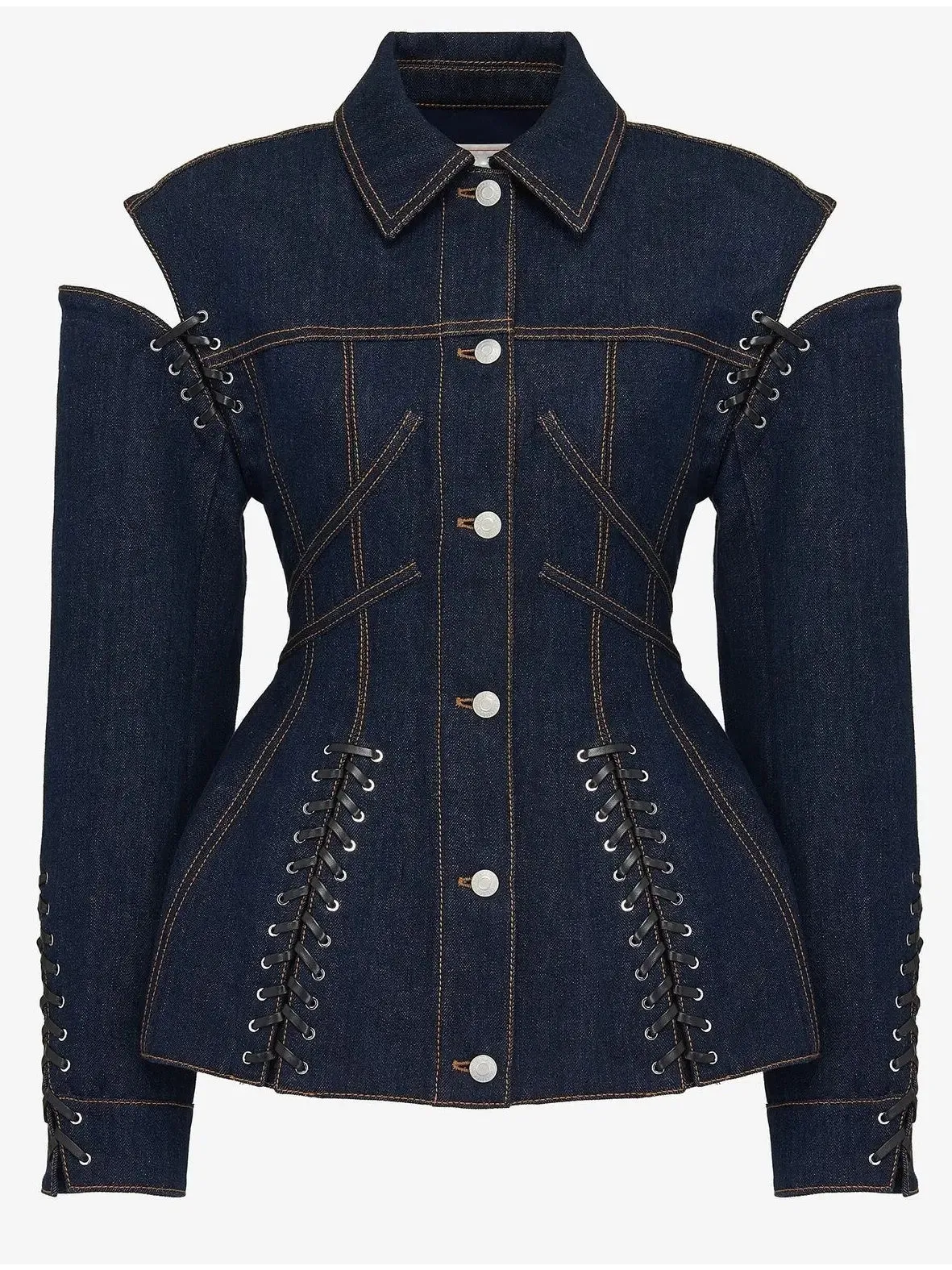 Women’s Corset Style Open-Shoulder Denim Jacket with Lace-up Details