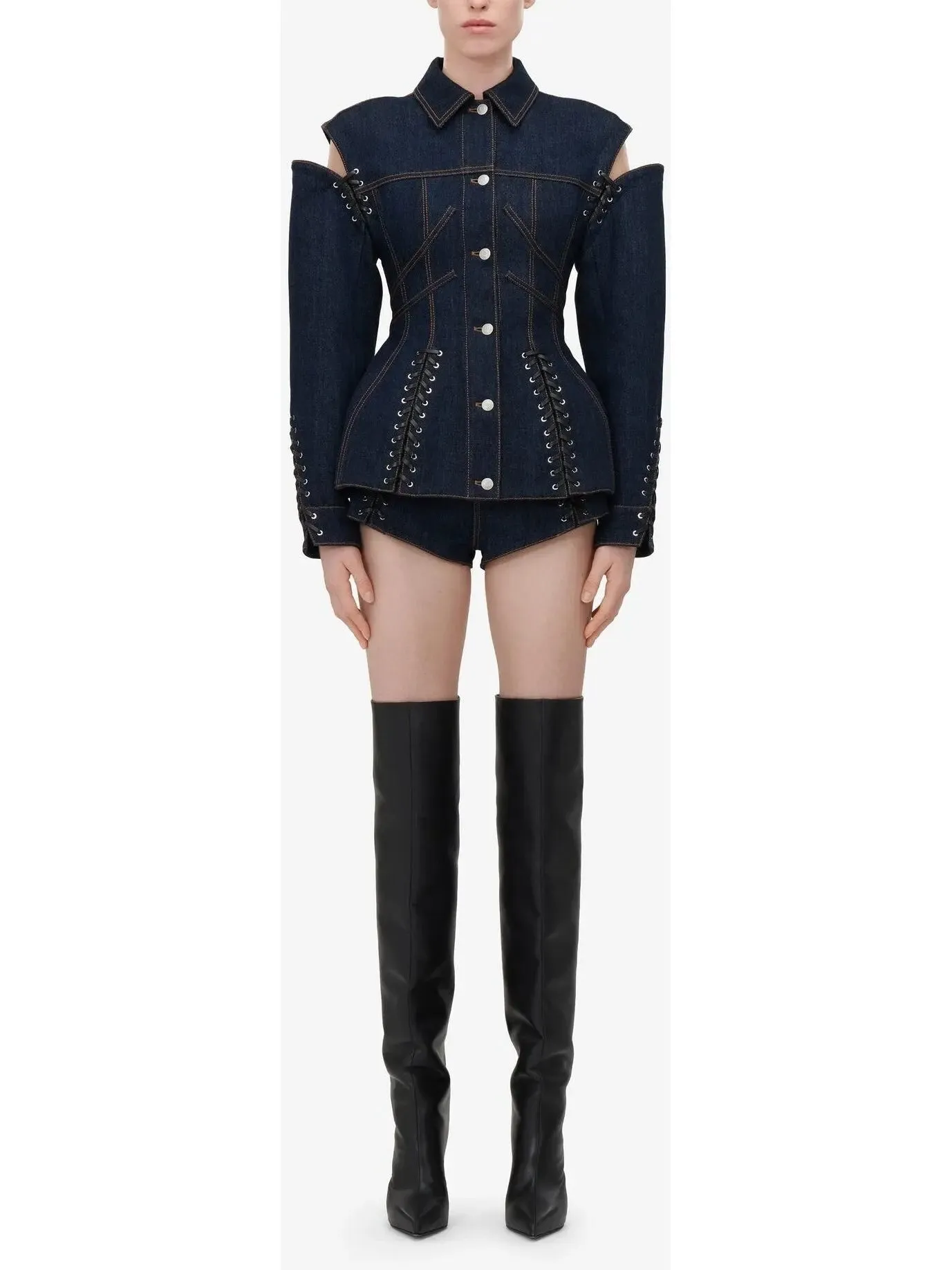 Women’s Corset Style Open-Shoulder Denim Jacket with Lace-up Details