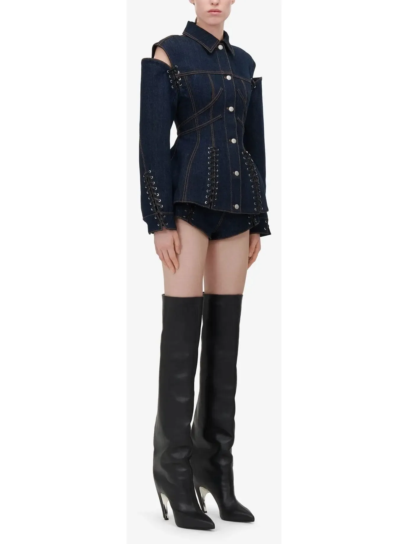 Women’s Corset Style Open-Shoulder Denim Jacket with Lace-up Details