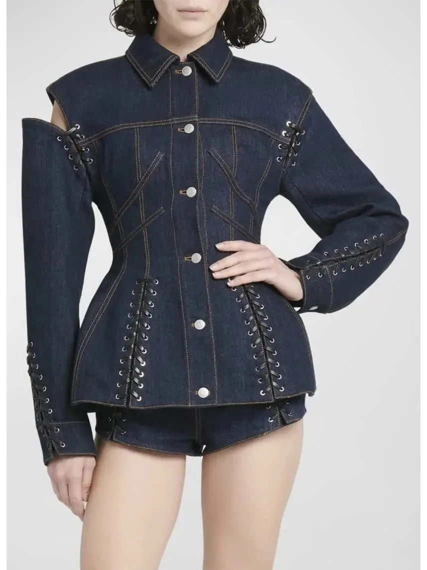 Women’s Corset Style Open-Shoulder Denim Jacket with Lace-up Details