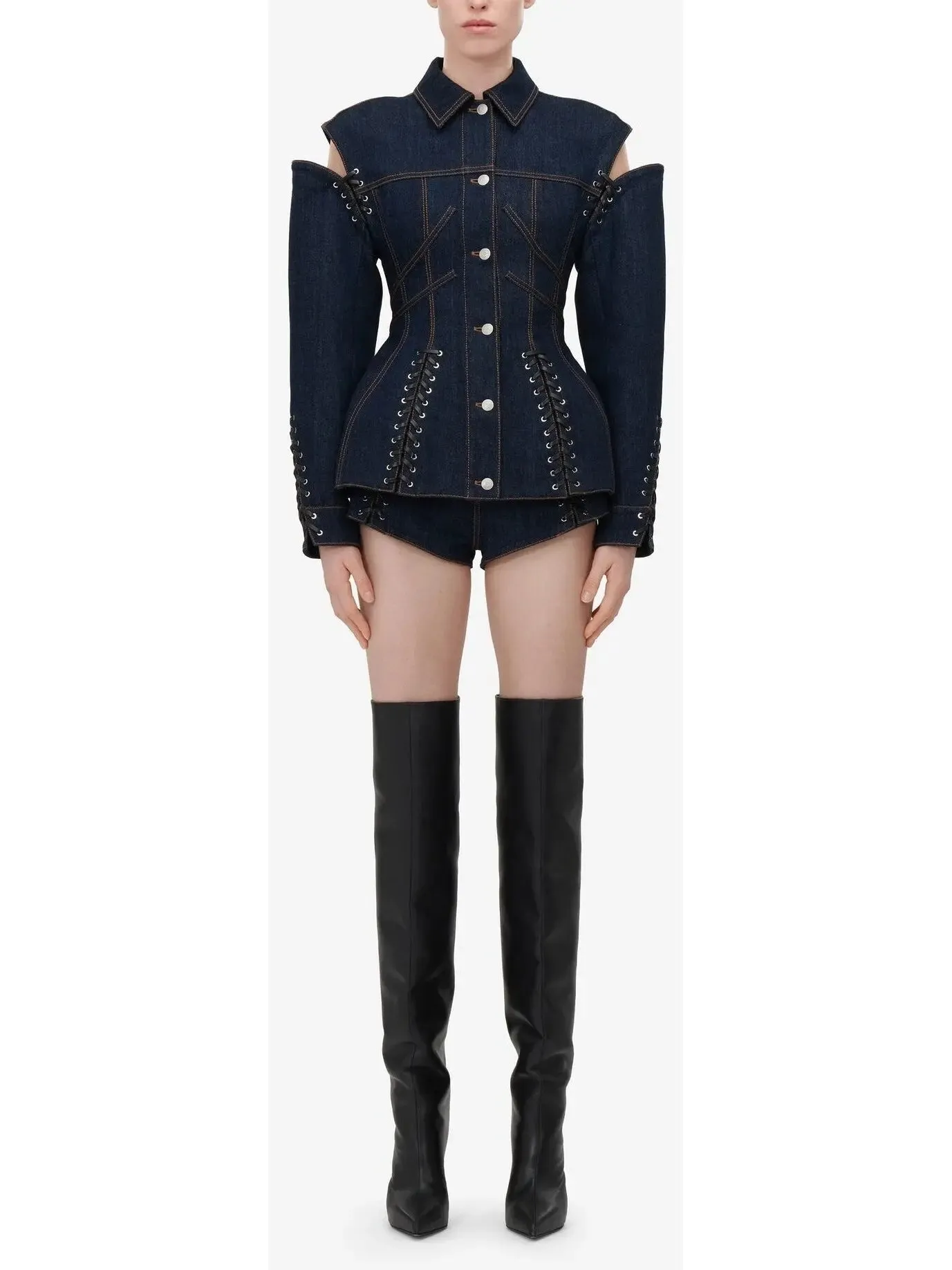 Women’s Corset Style Open-Shoulder Denim Jacket with Lace-up Details