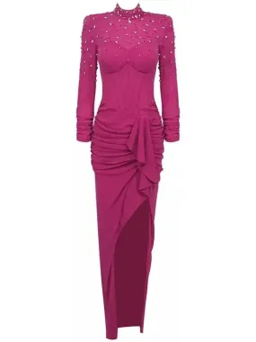 Women’s Crystal-Embellished Long-Sleeve Corset Dress in Fuchsia