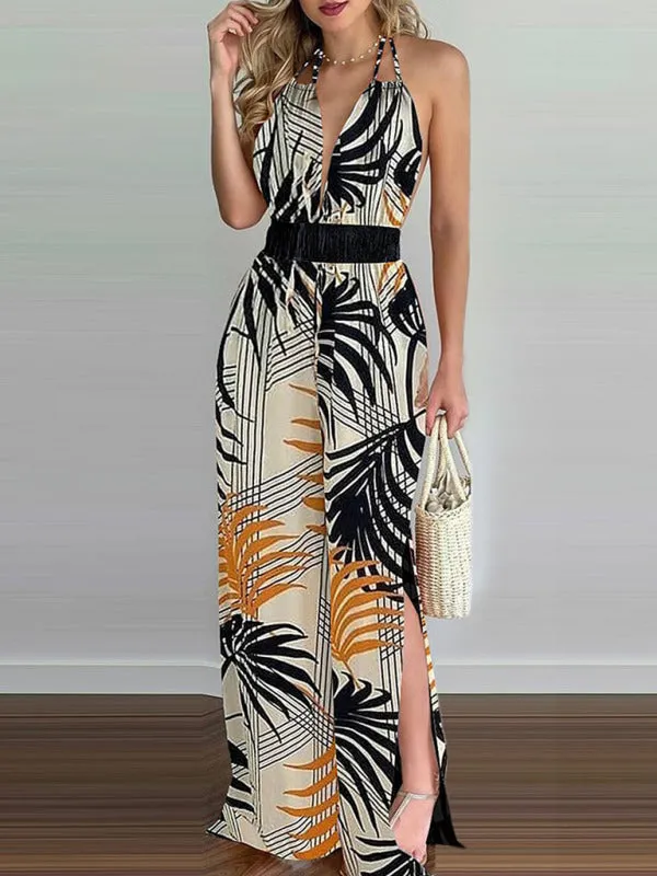 Women's Irregular Printed Halter Neck Backless Jumpsuit