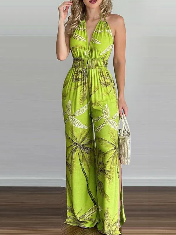 Women's Irregular Printed Halter Neck Backless Jumpsuit