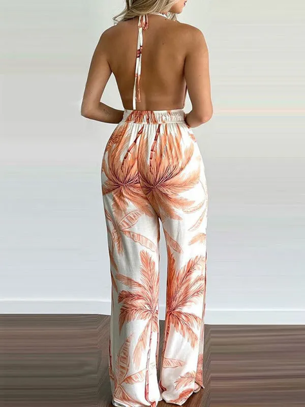 Women's Irregular Printed Halter Neck Backless Jumpsuit