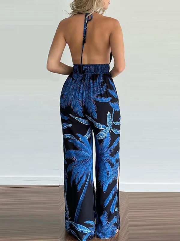 Women's Irregular Printed Halter Neck Backless Jumpsuit