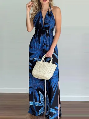 Women's Irregular Printed Halter Neck Backless Jumpsuit