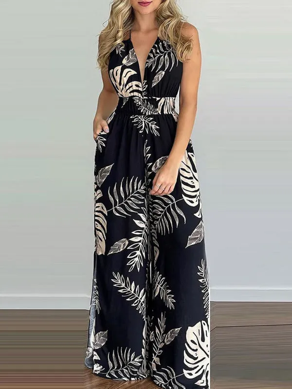 Women's Irregular Printed Halter Neck Backless Jumpsuit