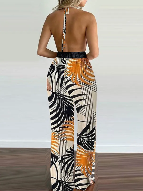 Women's Irregular Printed Halter Neck Backless Jumpsuit